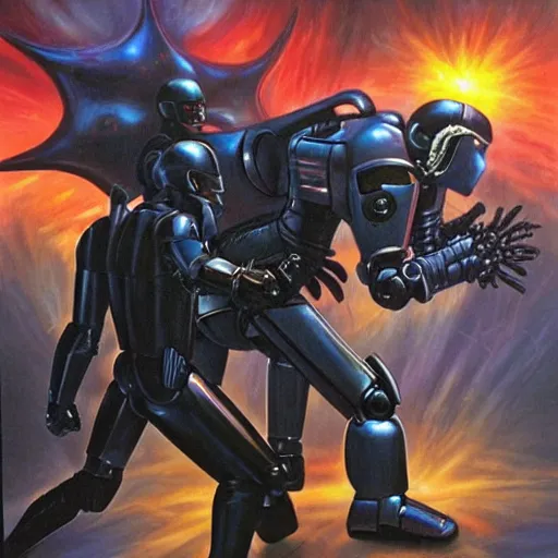 Image similar to robocop fighting demons in the underworld by jeff smith and julie bell, oil painting