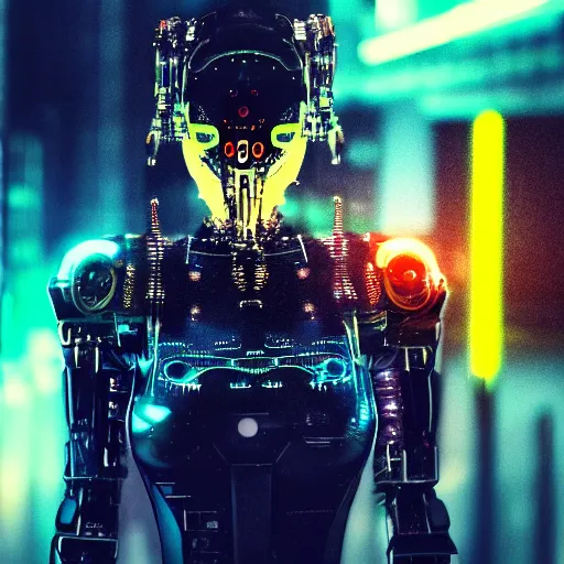 Prompt: portrait of cyber wolf, machine, cyberpunk, android, robot, mechanical parts, editorial photography, neons, blade runner, futuristic style, realistic bokeh and depth of field, award winning, establishing shot
