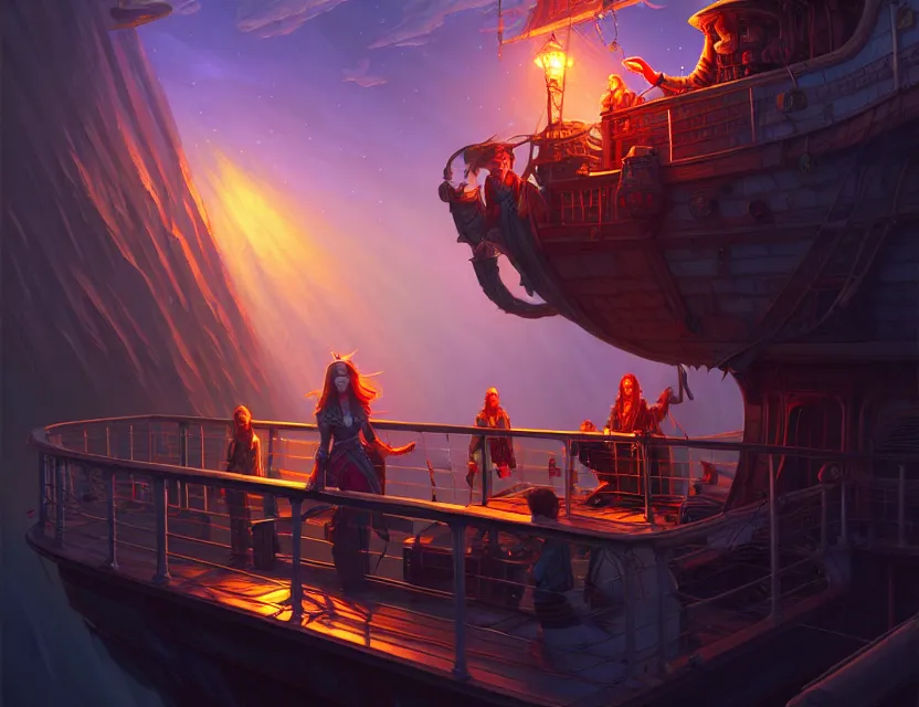 Image similar to standing upon the deck of the flying ship, d & d fantasy art, artstation contest winner, beautiful digital painting in the style of dan mumford, art by kev chan, volumetric lighting, concept art, speedpainting, fantasypunk, deep colors, cgsociety, by gerald brom