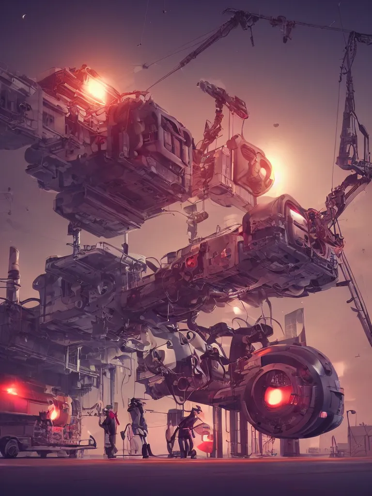 Image similar to graphic art of dystopian futuristic 1 0 mechanic surgeons in space suits, operate on a huge mickey - mouse! severed - head!! held by a crane. ominous glowing red netflix!!! sign in the background, trending on art station, beeple!!, clean concept art, smooth, octane render