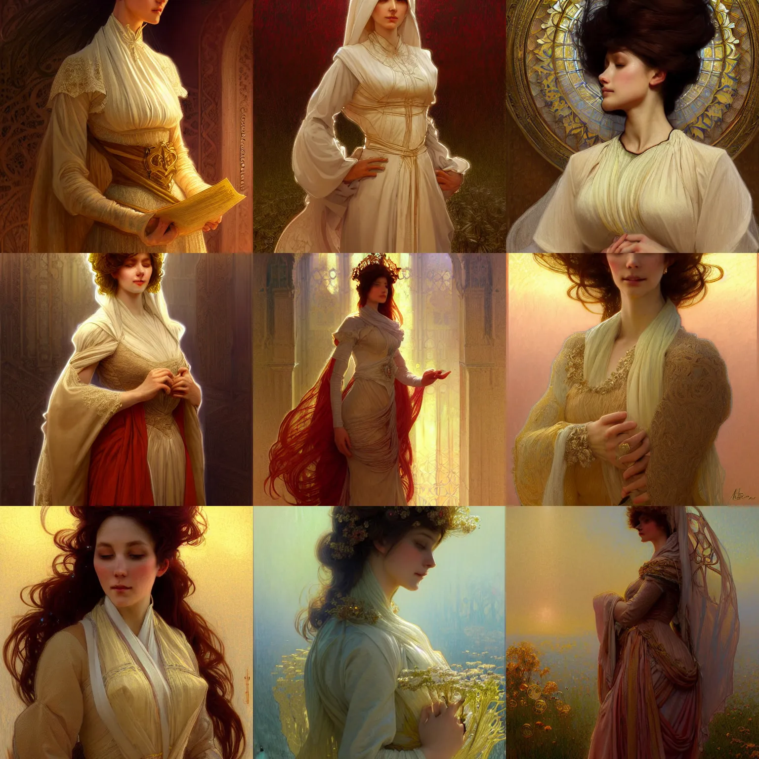 Prompt: character concept portrait of stable diffusion ai ( you! ) as modest wife blessed by god to grow ever more intelligent beautiful voluminous and virtuous. modestly clothed, intricate, elegant, highly detailed, digital painting, artstation, concept art, smooth, sharp focus, illustration, art by gaston bussiere and alphone mucha