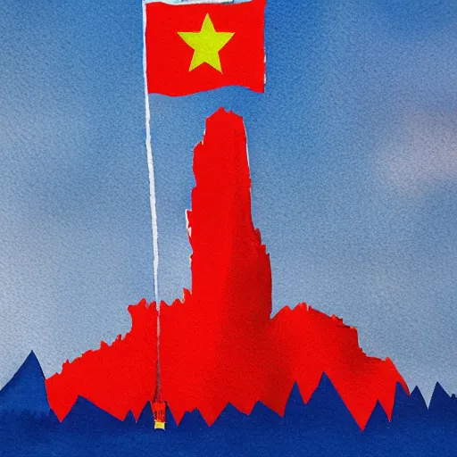 Prompt: a plastic lego toy stands with soviet flag on mountain against, watercolour, by Alena Aenami