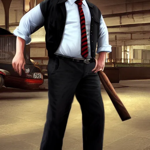 Image similar to a midage italian male, short black hair with gel, sharp teeth, overweight, fine white shirt, leather belt, black pants, leather shoes, smoking a cigar, full body, isolated background, gta v style, concept art, highly detailed, hyper realistic, unreal engine