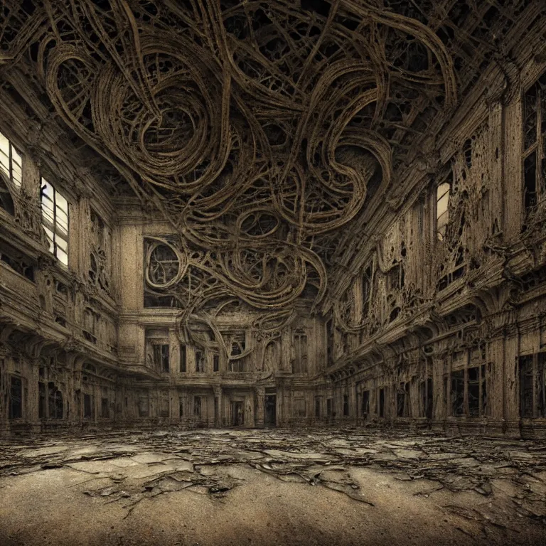 Prompt: portrait of ribbed abandoned biomechanical interior halls in a desolate empty wasteland, creepy, nightmare, dream-like heavy atmosphere, surreal abandoned buildings, baroque painting, beautiful detailed intricate insanely detailed octane render trending on Artstation, 8K artistic photography, photorealistic, chiaroscuro, cinematic volumetric light, Raphael, Caravaggio, Beksinski, Giger