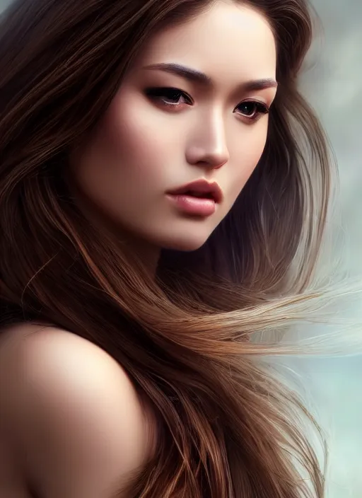Image similar to a gorgeous female with long brown hair, photo by radoslow pujan, realistic, full body shot, wide angle, sharp focus, 8 k high definition, insanely detailed, intricate, elegant, art by stanley lau and artgerm, floating embers
