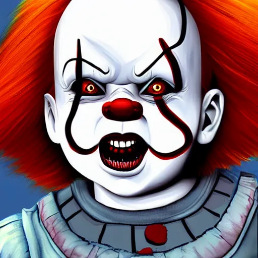 Prompt: chucky pennywise style, digital art, illustration, well detailed