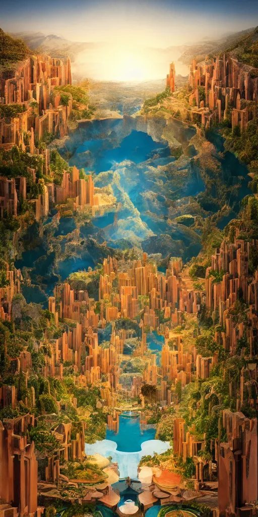 Image similar to symmetry!! landscape, stunning, beautiful, aesthetic, award winning, breathtaking, perfect composition, perfect lighting, james christensen, ricardo bofill, 4 k