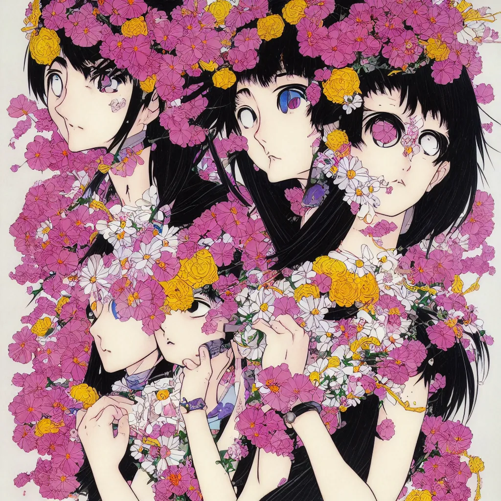 Image similar to prompt: Fragile portrait of one persona covered with random flowers illustrated by Katsuhiro Otomo, inspired by sailor moon and 1990 anime, smaller cable and cryborg parts as attributes, eyepatches, illustrative style, intricate oil painting detail, manga 1980