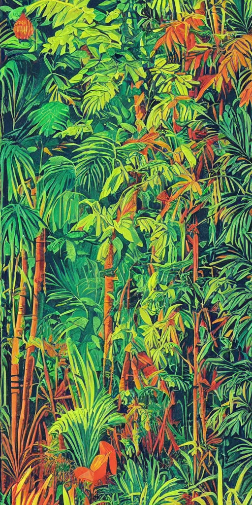 Prompt: poster of a colorful jungle landscape, (retro poster) by Reginald Montague Lander, By Tom Purvis, By Joseph Binder