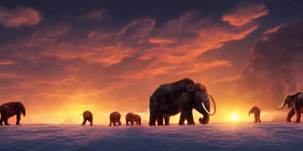Prompt: digital art, trending on artstation, sunset at the north pole with some mammoths in the background walking while a giant meteorite falls from the sky in the background