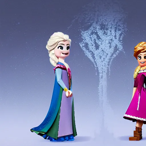 Prompt: lego minifigs of elsa and anna from frozen. photo, remake, retouched in photoshop, caricature