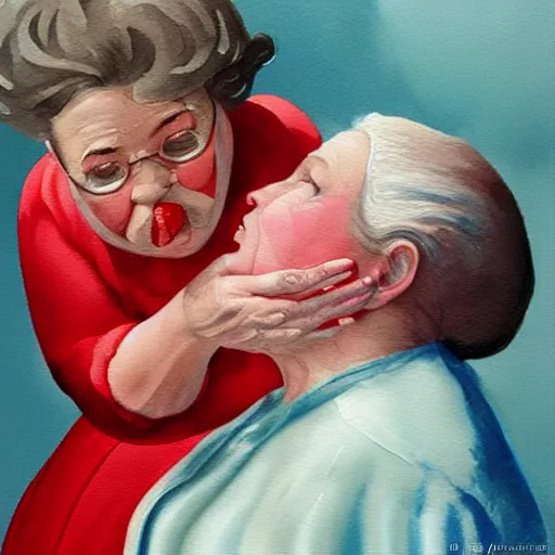Image similar to a very funny stylize oil painting in modern style of a sweet fat old woman kissing her reflection. symmetry face, red mouth, blue eyes. flowery dress. hyper realistic scene. 3 d, octane render, deep focus, white scene. very funny and sweet image. unreal engine. watercolor. fellini style. klee style.