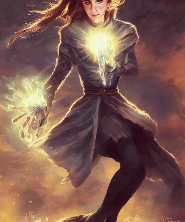 Image similar to illustration of emma watson as a ice magician, glowing eyes, trending on artstation, dynamic pose, Magic the Gathering art, art by Ralph Horsley