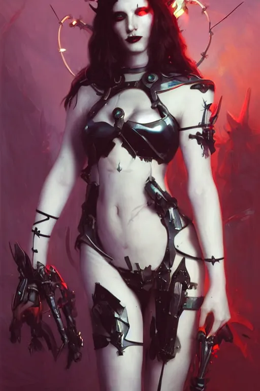 Prompt: Portrait of beautiful pale smiling cyborg goth maiden in bikini armor with crown of thorns and glowing red eyes, cyberpunc, Warhammer 40000, digital art from artstation by Ruan Jia and Mandy Jurgens and Artgerm and william-adolphe bouguereau