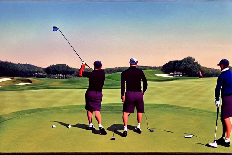 Image similar to Three golfers on beautiful driving range, Italian futurism