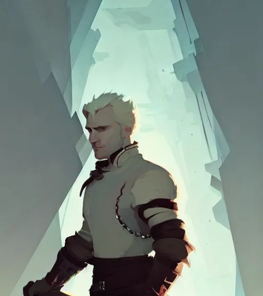 Image similar to portrait of cullen from dragon age by atey ghailan, by greg rutkowski, by greg tocchini, by james gilleard, by joe fenton, by kaethe butcher, dynamic lighting, gradient light blue, brown, blonde cream and white color scheme, grunge aesthetic