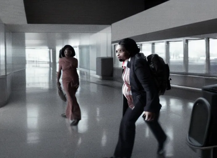 Image similar to cinematic shot of octavia spencer being chased down an escalator by walter white in a strange defunct abandoned mall, iconic scene from the paranoid thriller sci fi film directed by stanley kubrick, 2 4 mm anamorphic lens, backlit, moody strange cinematography, beautiful composition, color theory, leading lines, photorealistic, highly detailed scene moody lighting