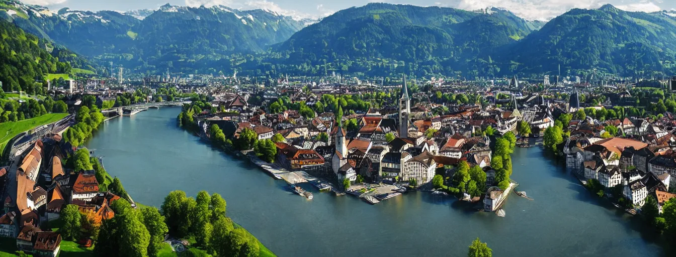 Image similar to Photo of Zurich, looking down the river at the lake and the alps, Hardturm, Grossmünster, wide angle, trees, volumetric light, hyperdetailed, caribean water, artstation, cgsociety, 8k