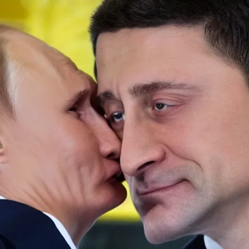 Prompt: Vladimir Putin kissing Zelensky ultra realistic