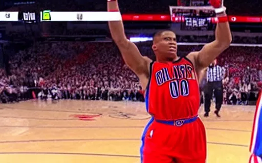 Image similar to elmo dunking over russell westbrook, nba broadcast