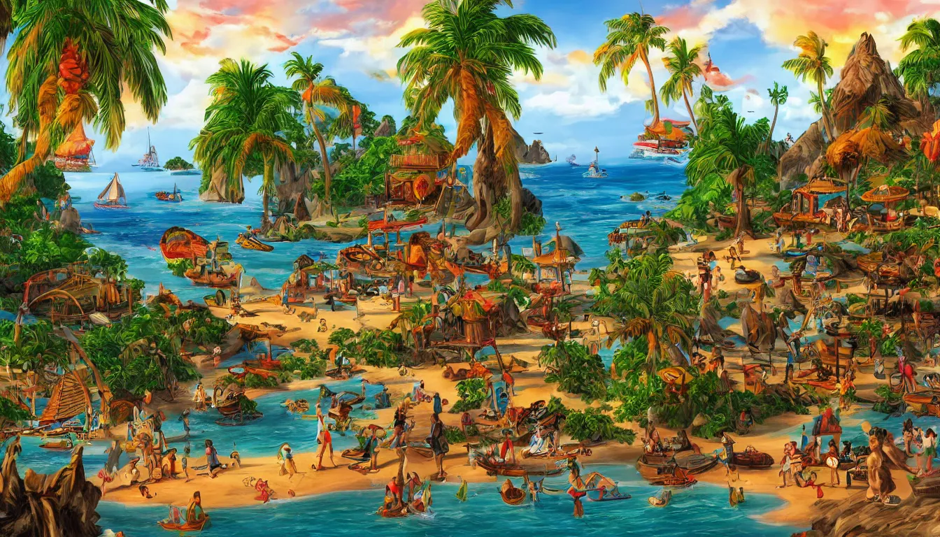 Image similar to a tropical beach scene, The curse of monkey island, high detail, colorful