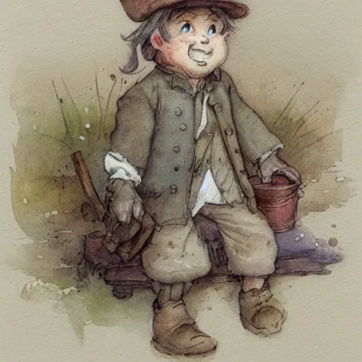 Image similar to a muted color watercolor sketch of a little person story book character ifrom the book Baltimore & Redingote by Jean-Baptiste Monge of an old man in the style of by Jean-Baptiste Monge that looks like its by Jean-Baptiste Monge and refencing Jean-Baptiste Monge