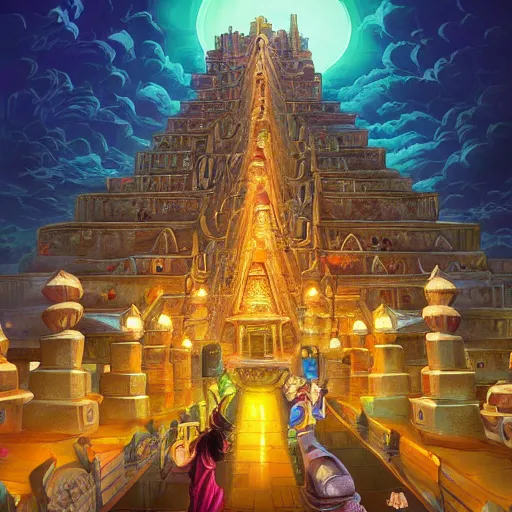 Image similar to street view of gigantic temple city at night by cyril rolando and naomi okubo and dan mumford and ricardo bofill