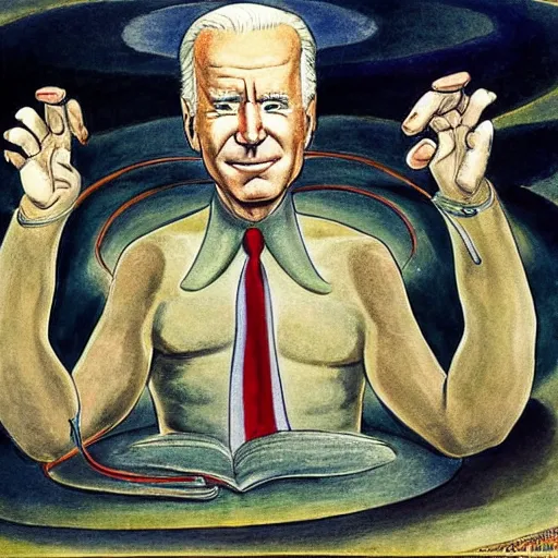 Image similar to joe biden as demiurge creating 1 9 5 0 s world, painting by william blake and jon mcnauhgton