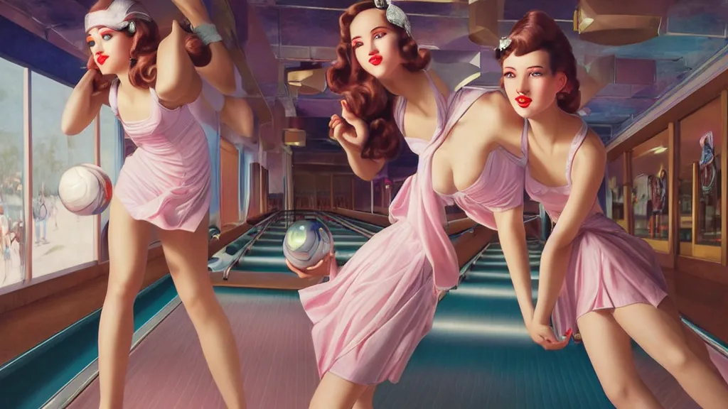 Image similar to art deco bowling alley, cute girls bowling, photo, ultra detail, photoreal, professionally retouched, soft moonlight lighting, shiny plastic miniskirt, realistic, smooth face, goddess, luscious lips, perfect eyes, wide angle, sharp focus on eyes, 8 k high definition, insanely detailed, intricate, elegant, art by artgerm and wlop