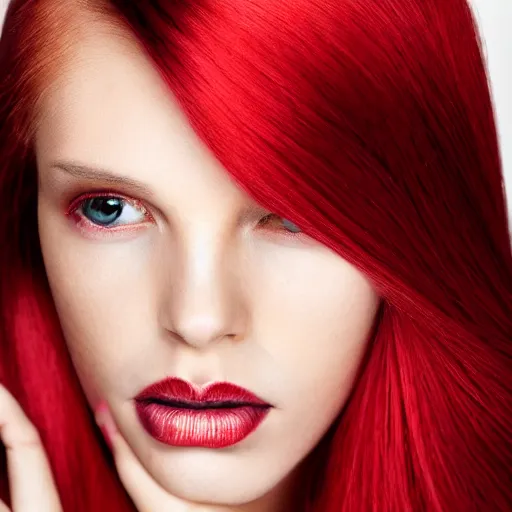 Image similar to Portrait of a young, stunningly beautiful woman with hair color divided into red and white on both sides, straight hair, award-winning photo, 4k, 8k, studio lighting, Nikon D6, 35mm