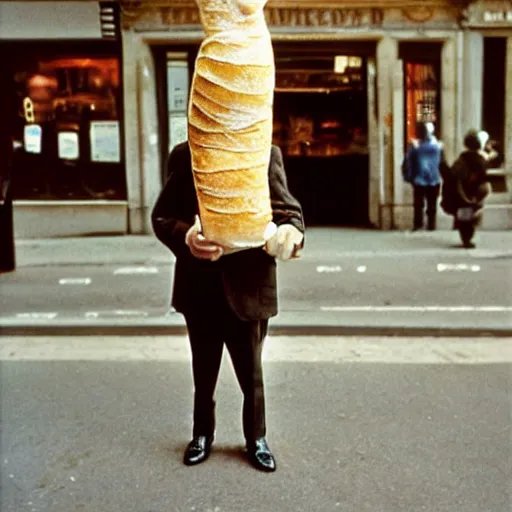 Image similar to a real photo by saul leiter of a small anthropomorphic dinosaur wearing a suit and standing in paris while holding a baguette, by helen levitt