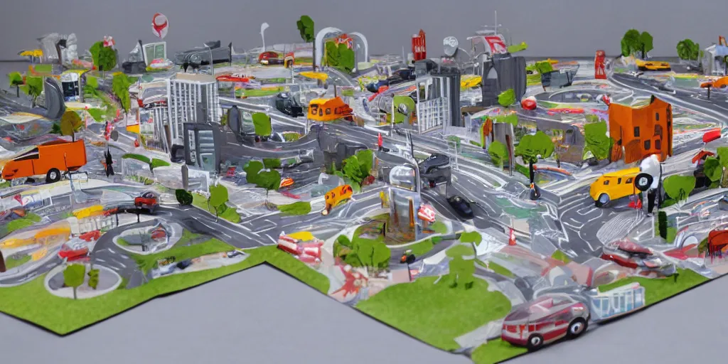 Image similar to paper craft diorama of a city with people and cars