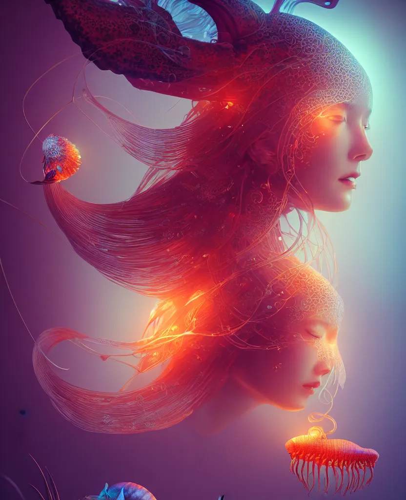 Image similar to goddess close-up portrait. orchid jellyfish phoenix head, nautilus, skull, betta fish, bioluminiscent creatures, intricate artwork by Tooth Wu and wlop and beeple. octane render, trending on artstation, greg rutkowski very coherent symmetrical artwork. cinematic, hyper realism, high detail, octane render, 8k