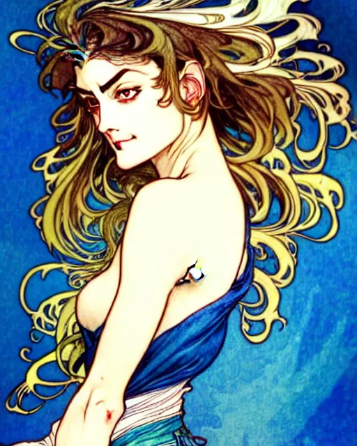 Image similar to in the style of artgerm, arthur rackham, alphonse mucha, phoebe tonkin, symmetrical eyes, symmetrical face, flowing blue skirt, full entire body, hair blowing, intricate filagree, hidden hands, warm colors, cool offset colors