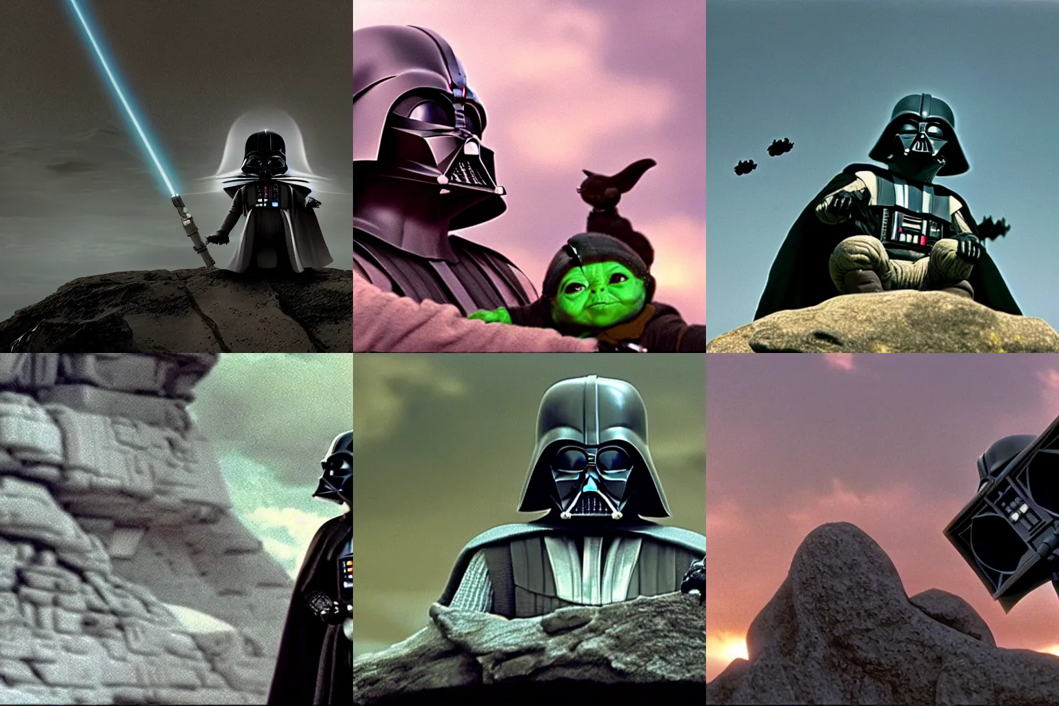 Prompt: far up in the sky an outline of Darth Vader's TIE fighter approaches and below baby yoda sits on an ancient boulder singing songs to himself, movie still, promotional image, imax 70 mm footage