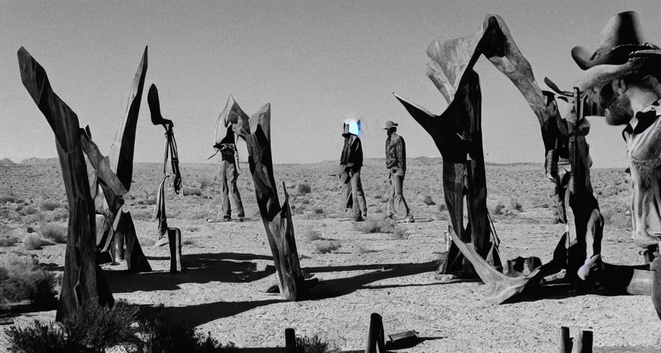 Image similar to film still showing cowboys looking at a gigantic abstract sculpture in the desert directed by Sergio Leone, western, monument valley, cinemascope, technicolor