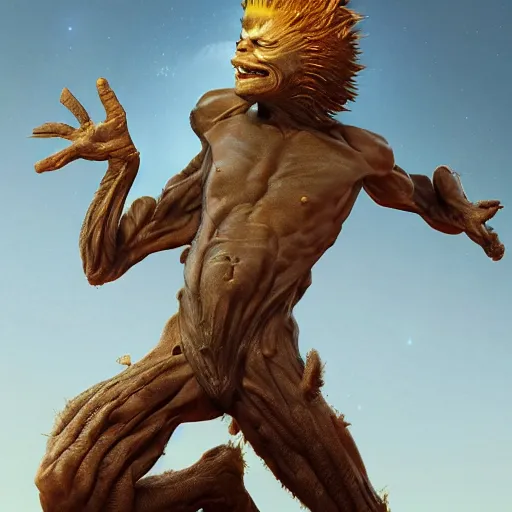 Prompt: the image of a beavis with raised arms between the moon and the sun and stars ultra realistic, concept art, intricate details, serious, highly detailed, photorealistic, octane render, 8 k, unreal engine, art by todd mcfarlane and artgerm and greg rutkowski and alphonse mucha