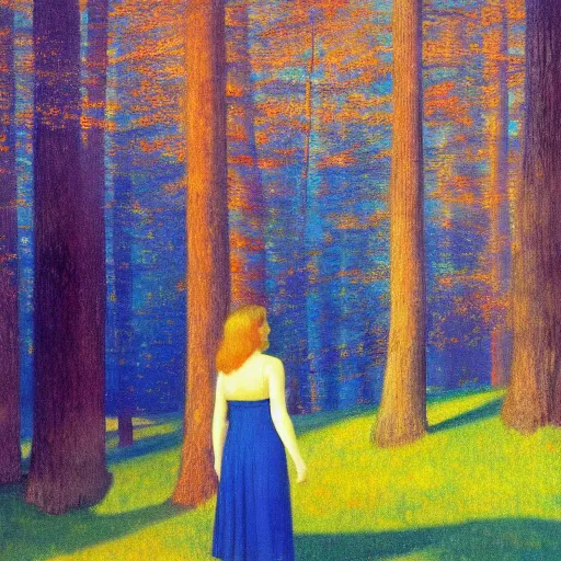 Image similar to a young girl lost in a blue golden forest, film still by edward hopper, by Bosch, by klimt, art noveau, highly detailed, strong lights, liminal, eerie, Bright pastel colors