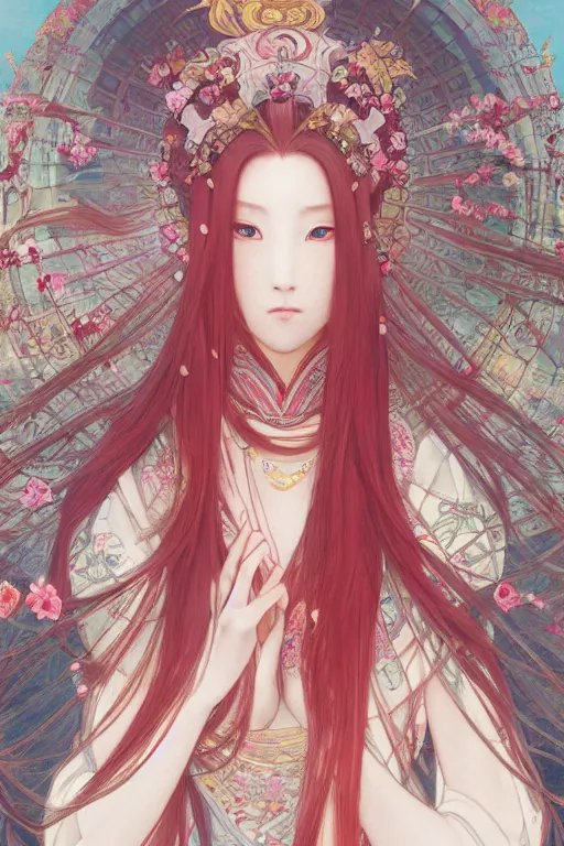 Image similar to breathtaking detailed soft painting of a samurai queen with long flowing red hair, anime style, pastel flower petals flying, in front of a pristine art nouveau cathedral on a wedding day, elegant, volumetric lighting, highly detailed, artstation, concept art, matte, sharp focus, art by ghibli, Alfons Mucha and Miho Hirano
