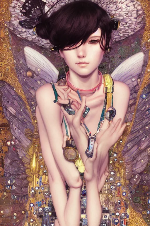 Image similar to portrait of beautiful young golbin fairy, cyberpunk, Warhammer, highly detailed, artstation, illustration, art by Gustav Klimt and Range Murata and Ilya Kuvshinov and Sakimichan