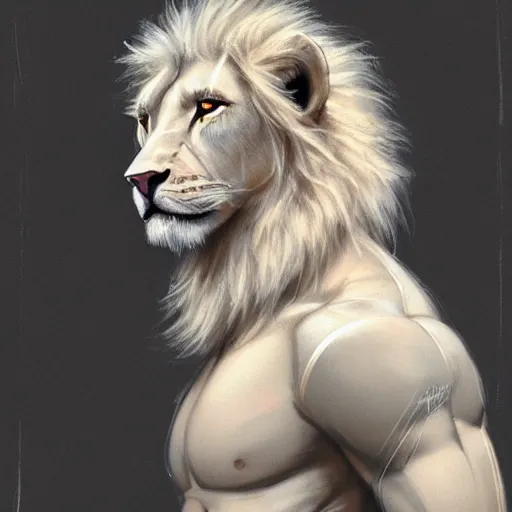 Image similar to aesthetic portrait commission of a of a male fully furry muscular anthro albino lion in orange tracksuit,digital art,art by greg rutkowski,character design by charles bowater,detailed face,hyperdetailed,photorealistic,artstation,deviantart,4k,western comic art,sharp,high definition