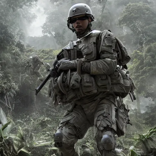 Image similar to Mercenary Special Forces soldiers in light grey uniforms with black armored vest and helmet defending a crashed helicopter in the jungles of Tanoa, combat photography by Feng Zhu, highly detailed, excellent composition, cinematic concept art, dramatic lighting, trending on ArtStation