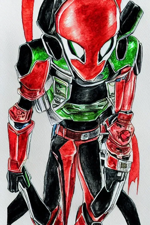 Prompt: Kamen Rider drinking hot sauce, pencil and watercolor