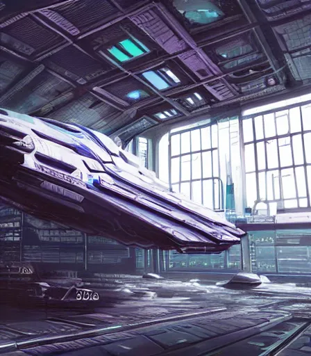 Image similar to highly detailed cyberpunk Spaceship hangar concept art, artstation