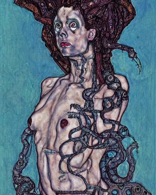 Image similar to portrait of cyberpunk medusa by egon schiele in the style of greg rutkowski