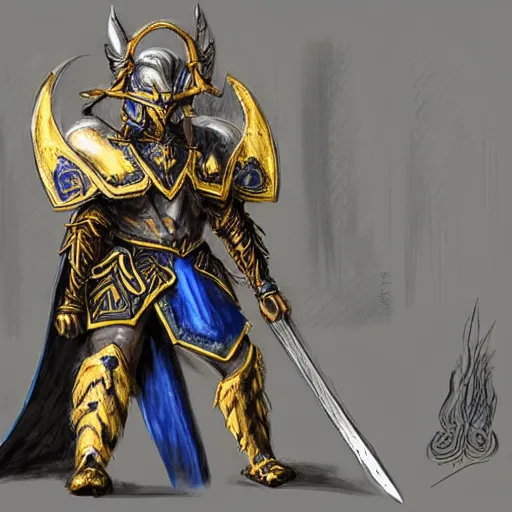 Prompt: concept art of a strong fantasy warrior wearing heavy elvish chitin shell armor blue and gold with two horns in the helmet in a battle while raising his heavy blade for victory