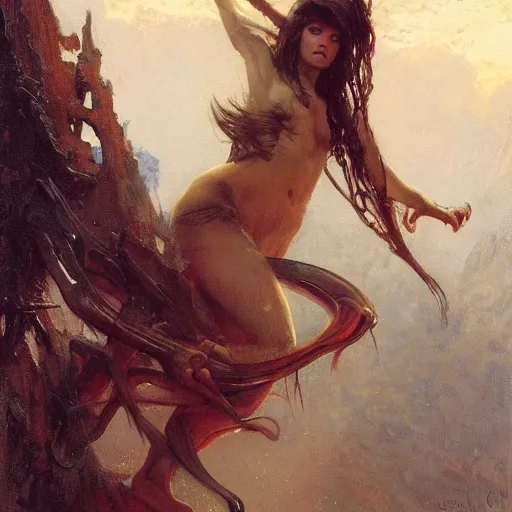 Image similar to young woman with long fangs, detailed, by gaston bussiere, bayard wu, greg rutkowski, giger, maxim verehin, greg rutkowski, masterpiece, sharp focus,