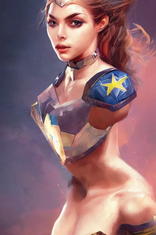 Image similar to three quarters portrait of a beautiful woman,super hero costume,heroic pose,highly detailed, digital painting,illustration, art by Stanley Lau