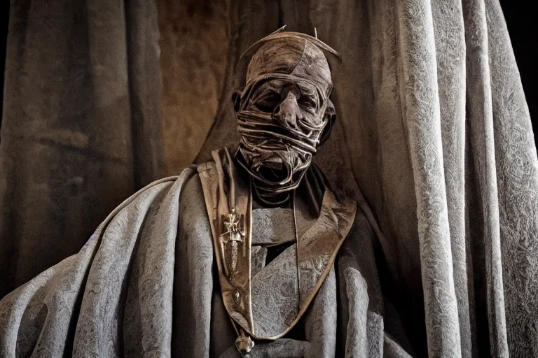 Prompt: mummified pope in his throne at the vatican, desiccated, close - up portrait, tall pontiff hat, mitre, dark, moody, black skin, ornate, hyper realistic, sharp focus, highly detailed, cinematic, dramatic lighting