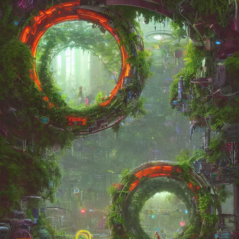 Prompt: a circle portal structure built out of plants, bright cyberpunk glow, epic surrealism, forest green, orange, lime green, dull red, pale blue, Detailed digital matte painting in the style of simon stalenhag and Greg Hildebrandt artstation